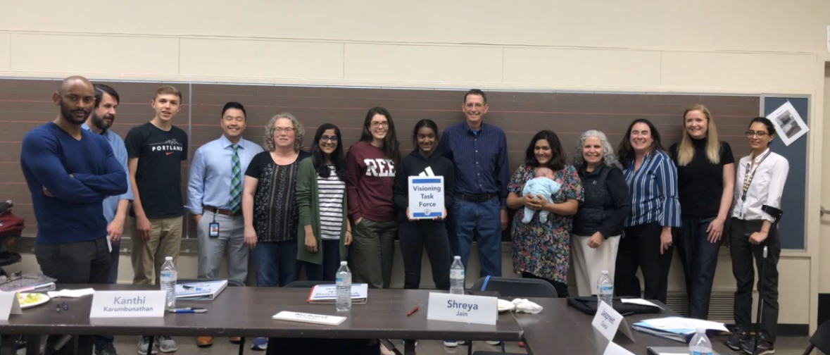 Visioning Task Force members with THPRD staff on May 16, 2019. From left to right: Ewnetu Tsegaw, Ronald L Ferguson, Reid Quiggins, Victor Sin, Holly Van Houten, Shreya Jain, Rachel Gowland, Kanthi Karumbunathan, Richard Goldner, Nadia Hasan and daughter, Olivia Brown, Holly Thompson (THPRD), Ann Albrich, Jaspreet Chahal (THPRD)