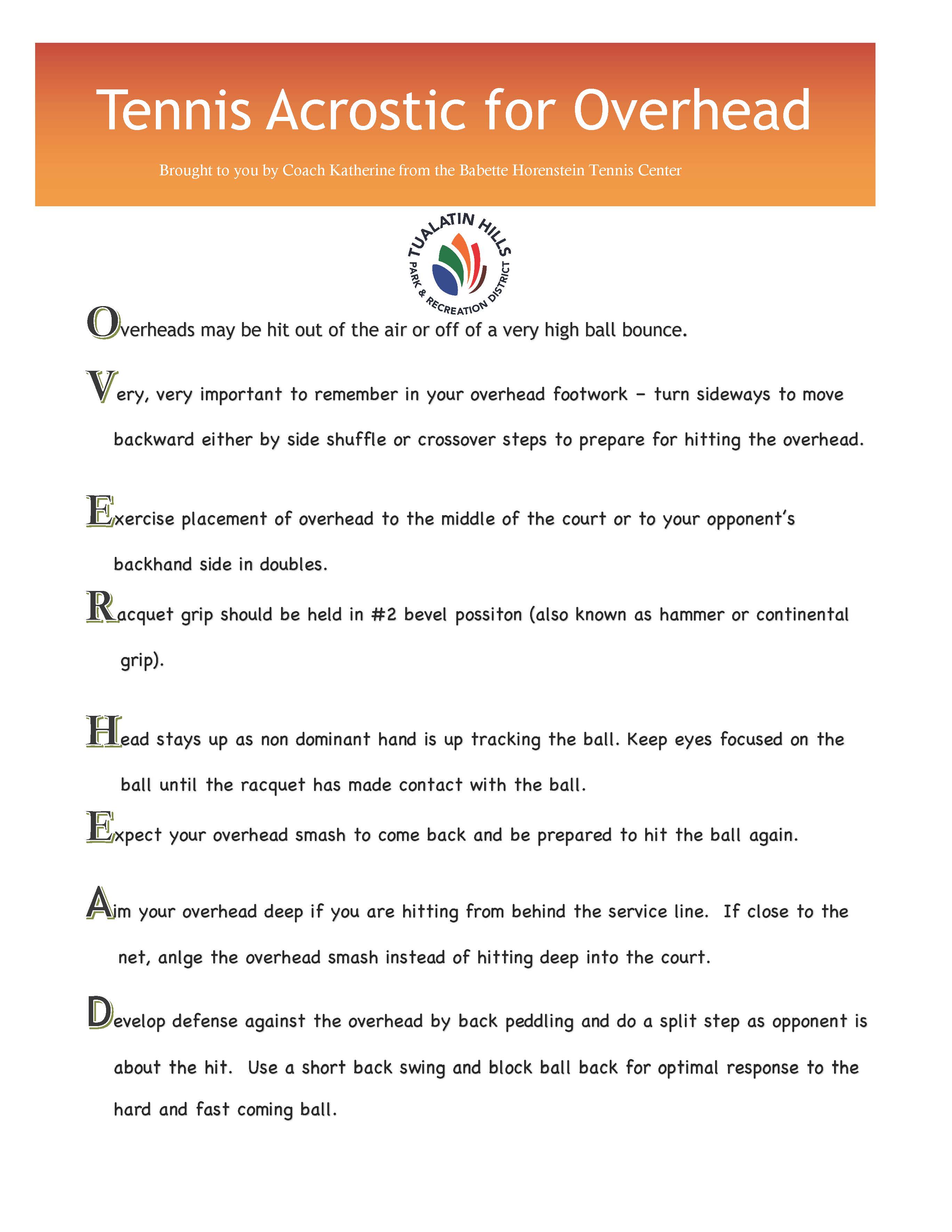 Tennis acrostic for Overhead